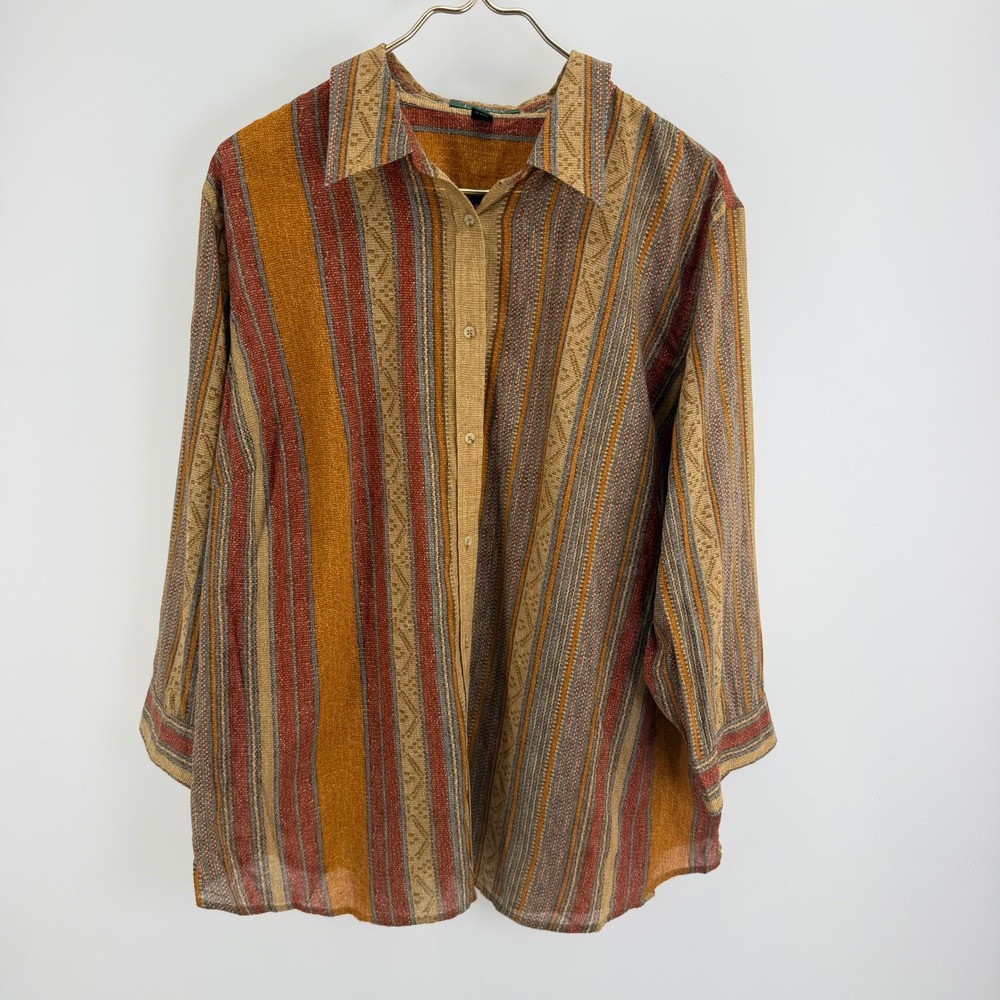 Lauren Ralph Lauren 2X Cotton Button Down Shirt Earth Tone Stripe Southwestern